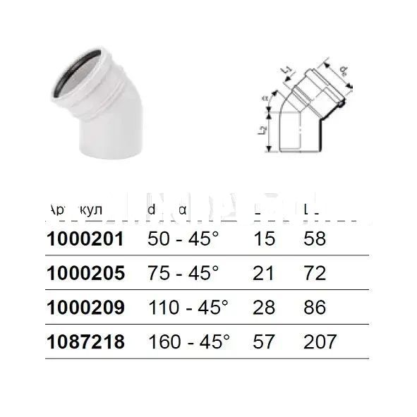 Отвод канализационный однораструбный 45°, Uponor Decibel
